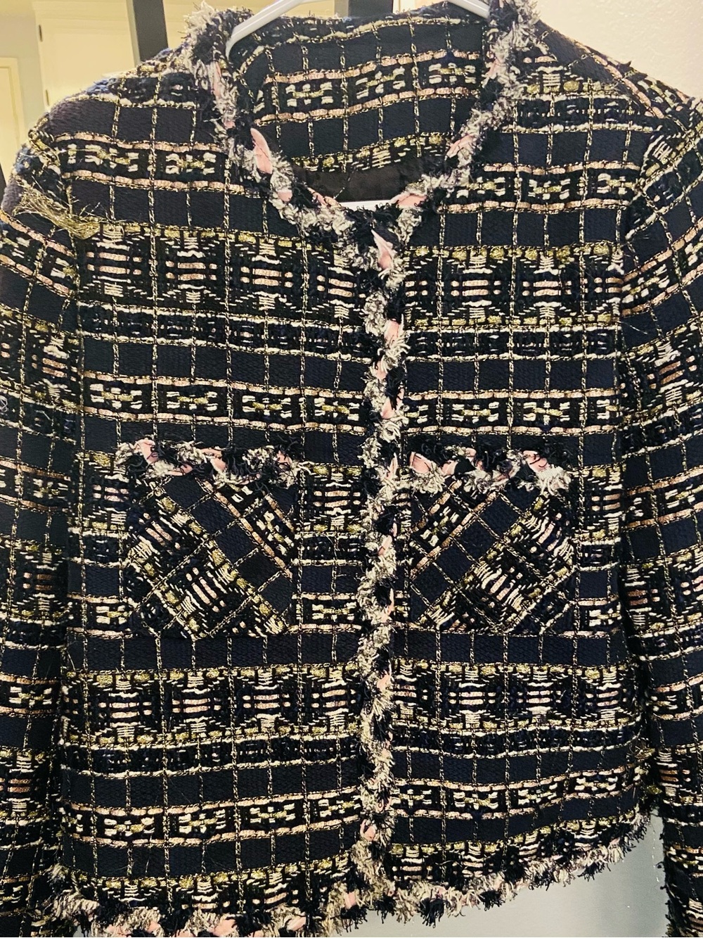 Custom Handmade Tweed Jacket with Pink and Gold Threading